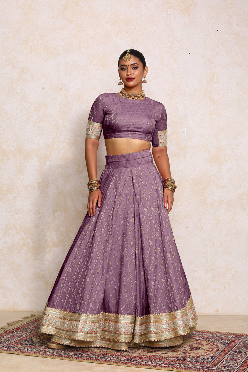 Hoor x Tyohaar | Moonlit Lavender Vine Mesh Brocade FlareFit™ Lehenga Set with Dupatta-Binks