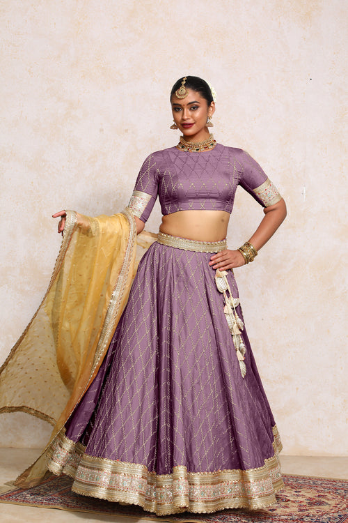Hoor x Tyohaar Lehenga Set, in Purple Viscose Silk Brocade, featuring elbow sleeves and jewel neckline.