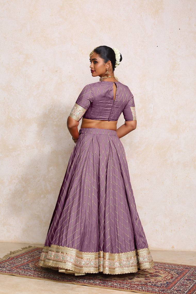 Hoor x Tyohaar Lehenga Set, in Purple Viscose Silk Brocade, featuring elbow sleeves and jewel neckline (view 2).