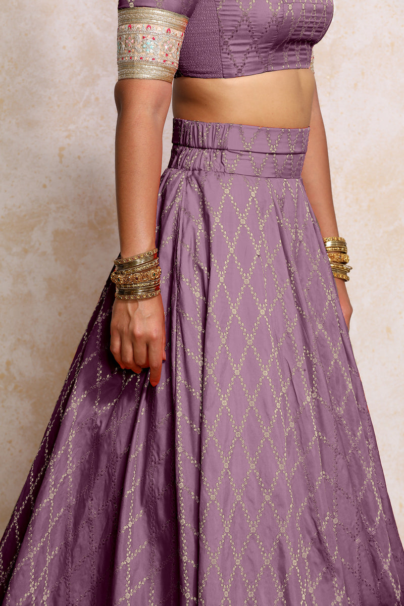 Hoor x Tyohaar | Moonlit Lavender Vine Mesh Brocade FlareFit™ Lehenga Set with Dupatta-Binks