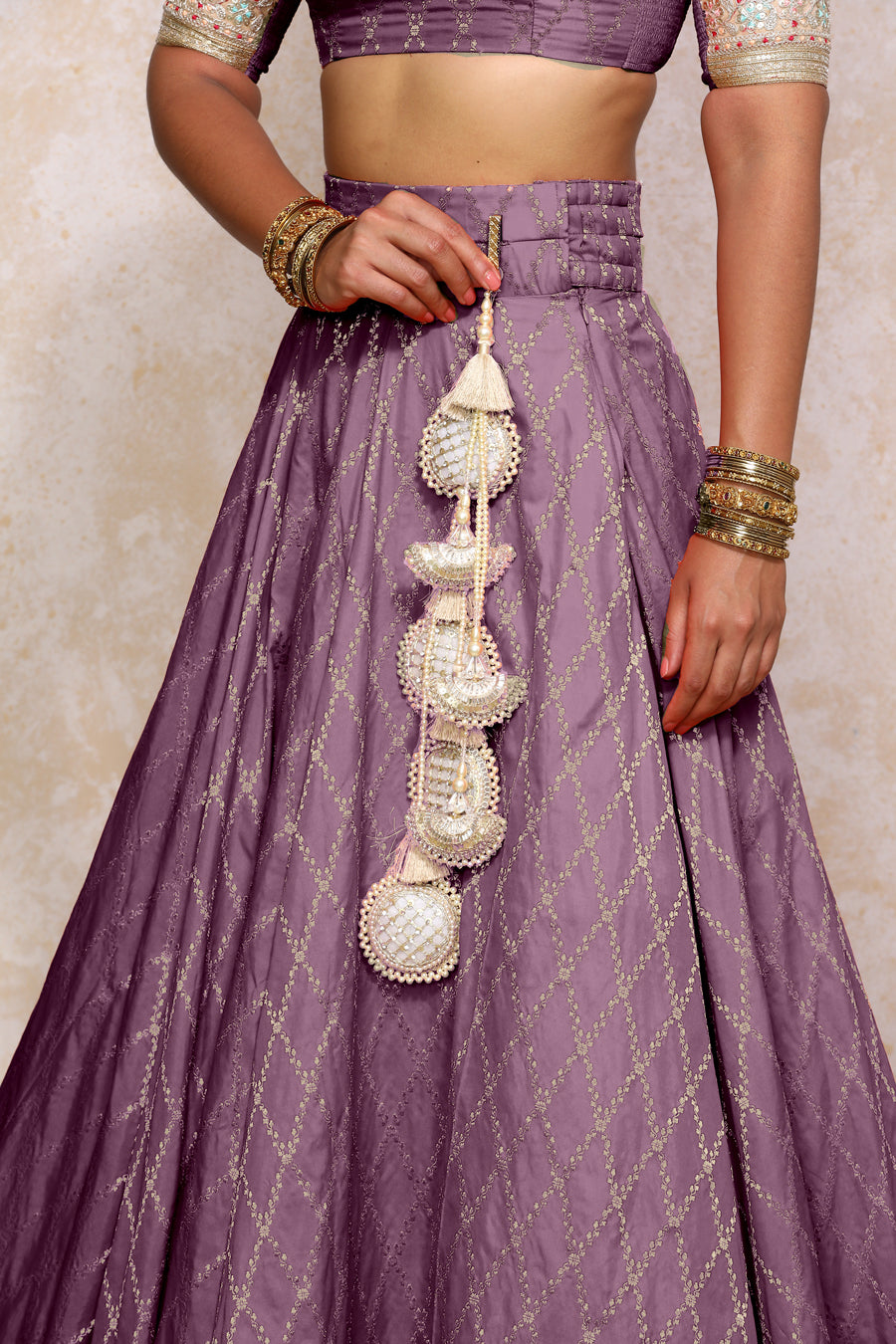 Hoor x Tyohaar Lehenga Set, in Purple Viscose Silk Brocade, featuring elbow sleeves and jewel neckline (view 6).