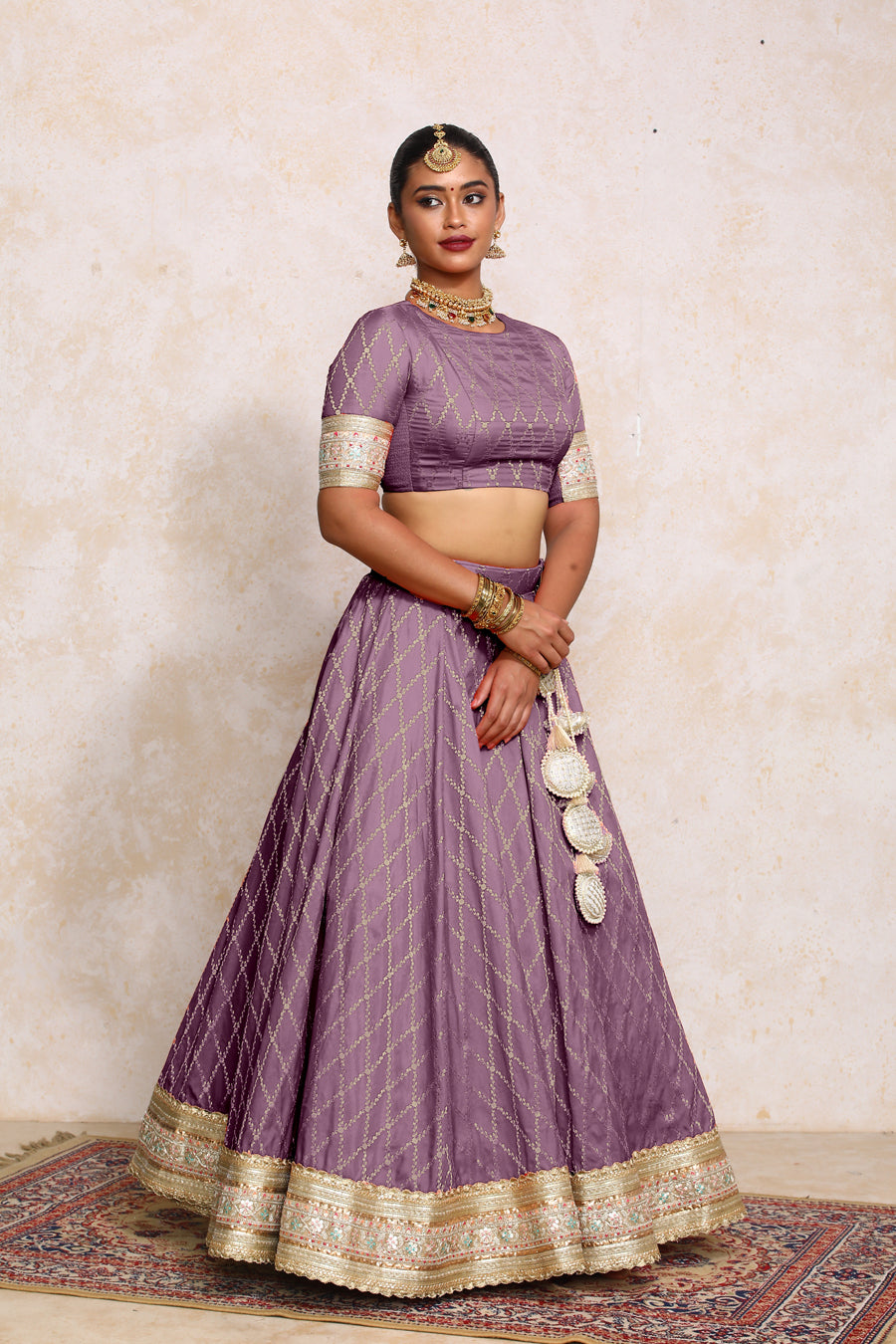 Hoor x Tyohaar Lehenga Set, in Purple Viscose Silk Brocade, featuring elbow sleeves and jewel neckline (view 8).