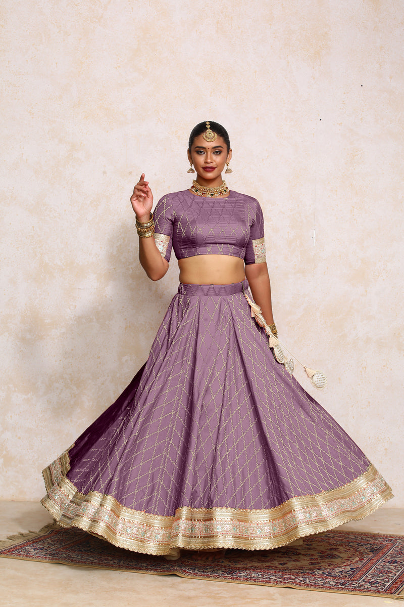 Hoor x Tyohaar | Moonlit Lavender Vine Mesh Brocade FlareFit™ Lehenga Set with Dupatta-Binks