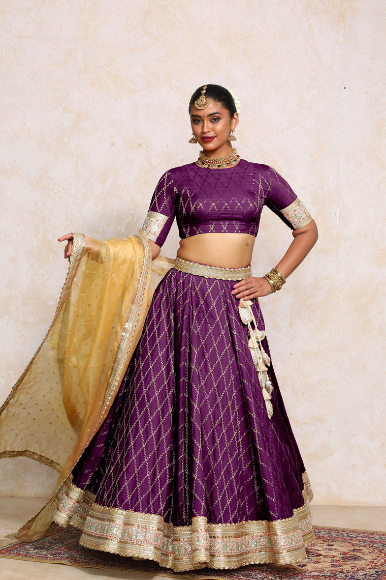 Hoor x Tyohaar Lehenga Set, in Purple Viscose Silk Brocade, featuring elbow sleeves and jewel neckline.