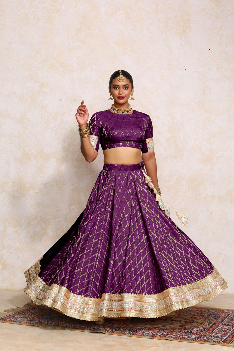 Hoor x Tyohaar | Orchid Plum Vine Mesh Brocade FlareFit™ Lehenga Set with Dupatta-Binks