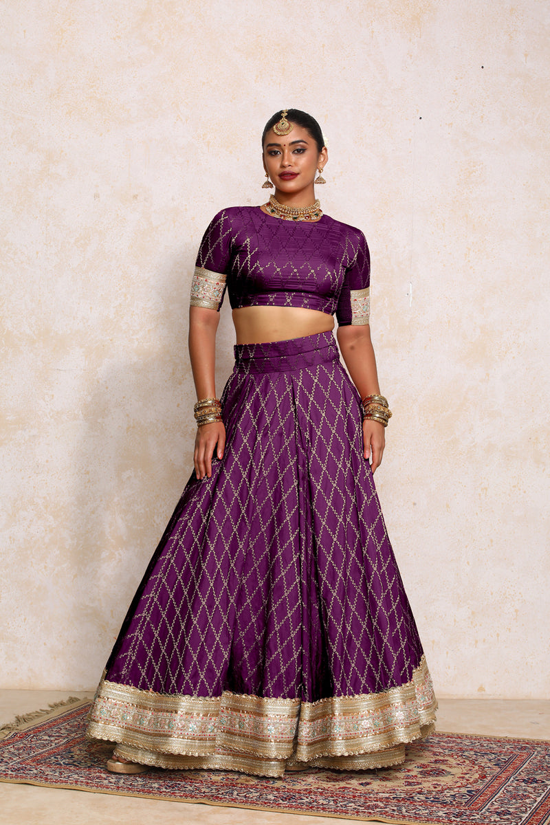 Hoor x Tyohaar | Orchid Plum Vine Mesh Brocade FlareFit™ Lehenga Set with Dupatta-Binks