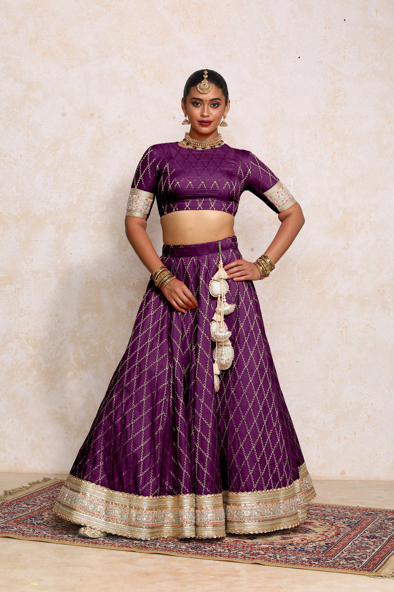 Hoor x Tyohaar | Orchid Plum Vine Mesh Brocade FlareFit™ Lehenga Set with Dupatta-Binks
