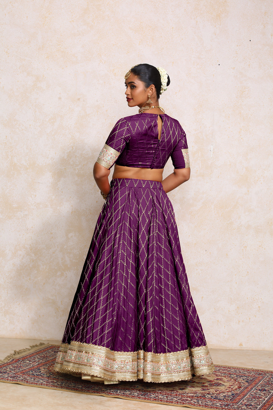 Hoor x Tyohaar Lehenga Set, in Purple Viscose Silk Brocade, featuring elbow sleeves and jewel neckline (view 2).