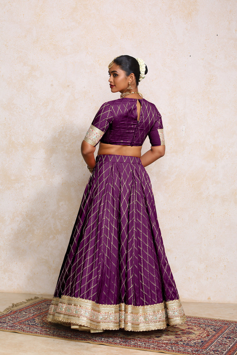 Hoor x Tyohaar Lehenga Set, in Purple Viscose Silk Brocade, featuring elbow sleeves and jewel neckline (view 2).