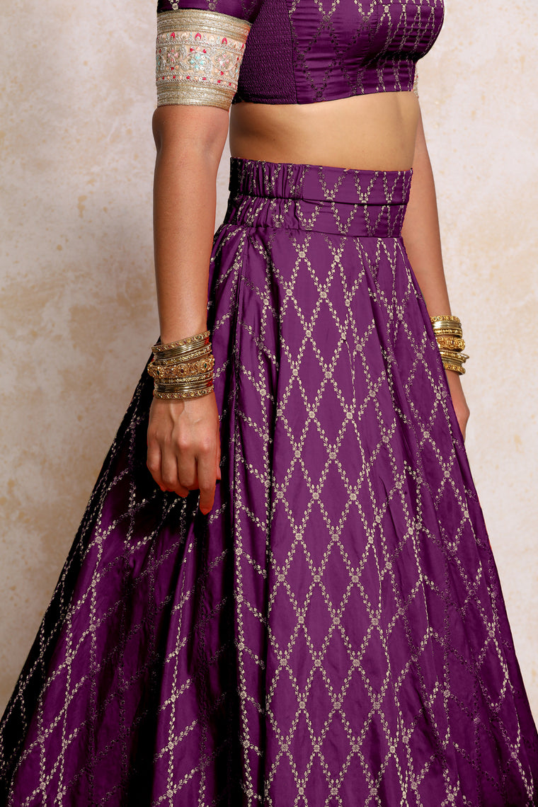 Hoor x Tyohaar Lehenga Set, in Purple Viscose Silk Brocade, featuring elbow sleeves and jewel neckline (view 3).