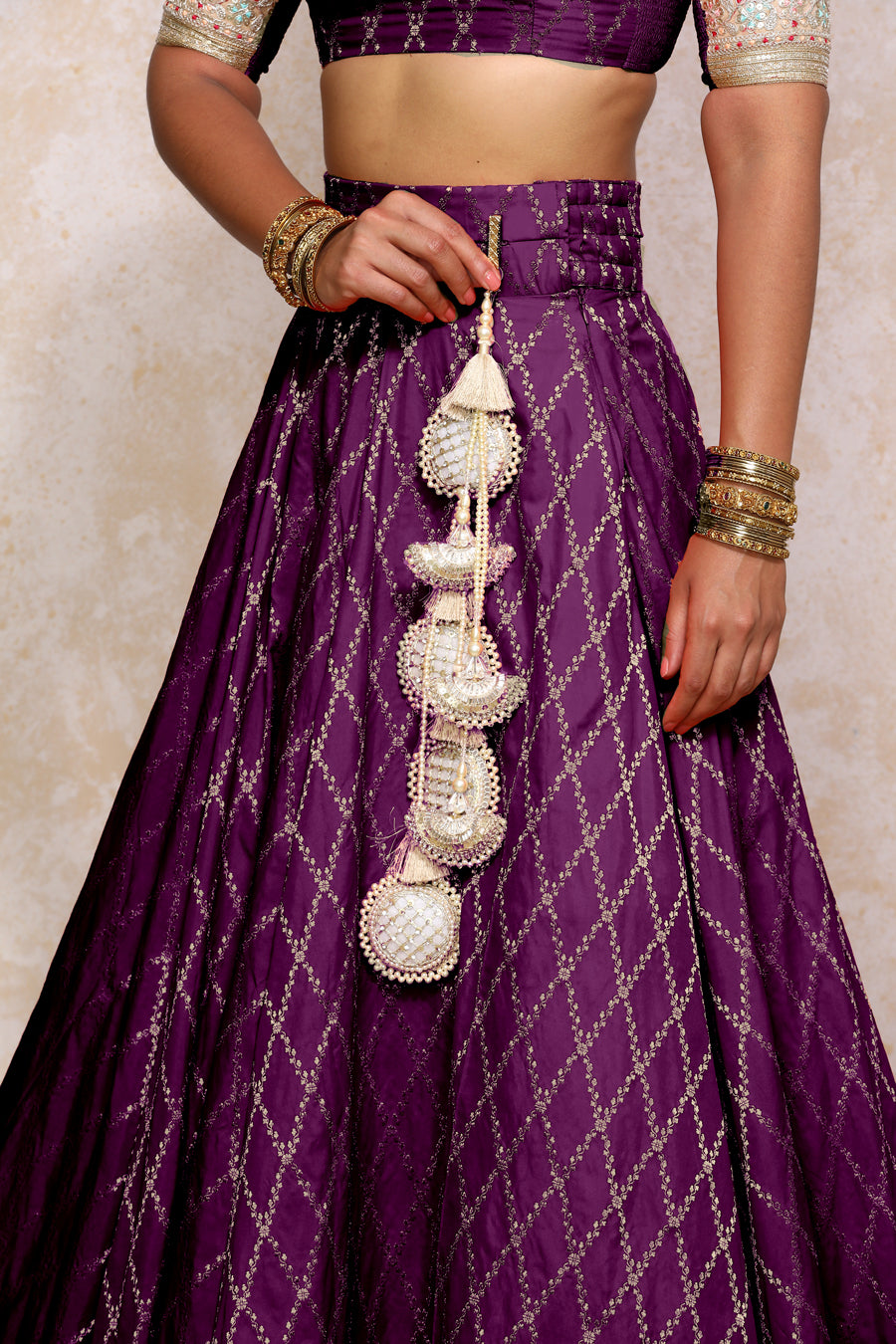 Hoor x Tyohaar Lehenga Set, in Purple Viscose Silk Brocade, featuring elbow sleeves and jewel neckline (view 5).