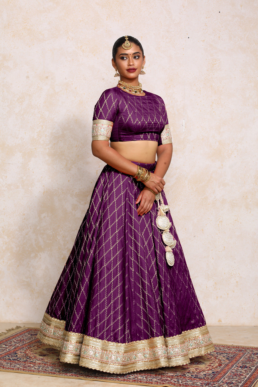 Hoor x Tyohaar Lehenga Set, in Purple Viscose Silk Brocade, featuring elbow sleeves and jewel neckline (view 7).