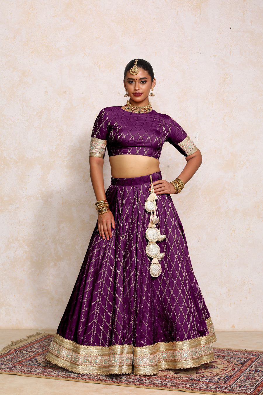 Hoor x Tyohaar Lehenga Set, in Purple Viscose Silk Brocade, featuring elbow sleeves and jewel neckline (view 8).