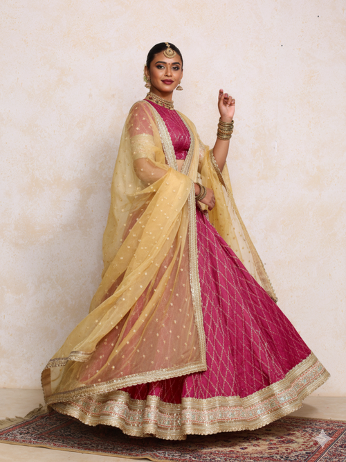 Hoor x Tyohaar | Rosy Pink Vine Mesh Brocade FlareFit™ Lehenga Set with Dupatta