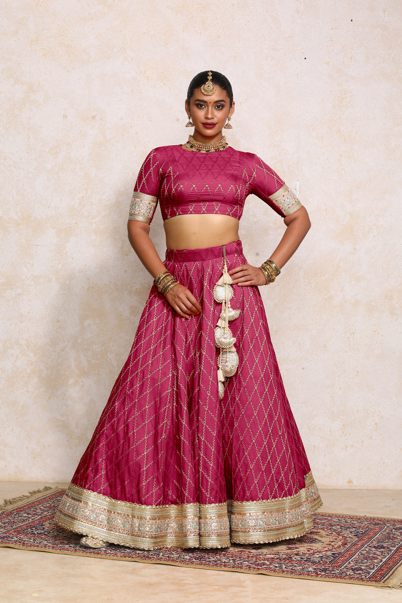 Hoor x Tyohaar | Rosy Pink Vine Mesh Brocade FlareFit™ Lehenga Set with Dupatta-Binks