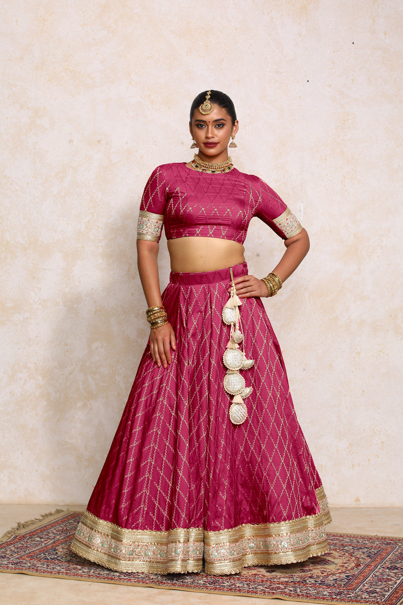 Hoor x Tyohaar | Rosy Pink Vine Mesh Brocade FlareFit™ Lehenga Set with Dupatta-Binks
