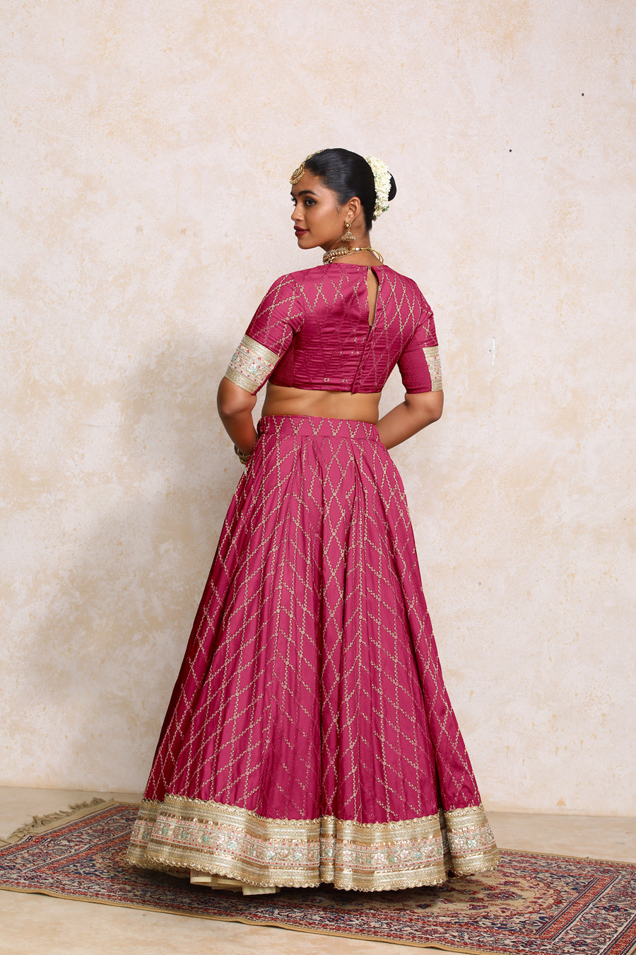 Hoor x Tyohaar Lehenga Set, in Pink Viscose Silk Brocade, featuring elbow sleeves and jewel neckline (view 2).