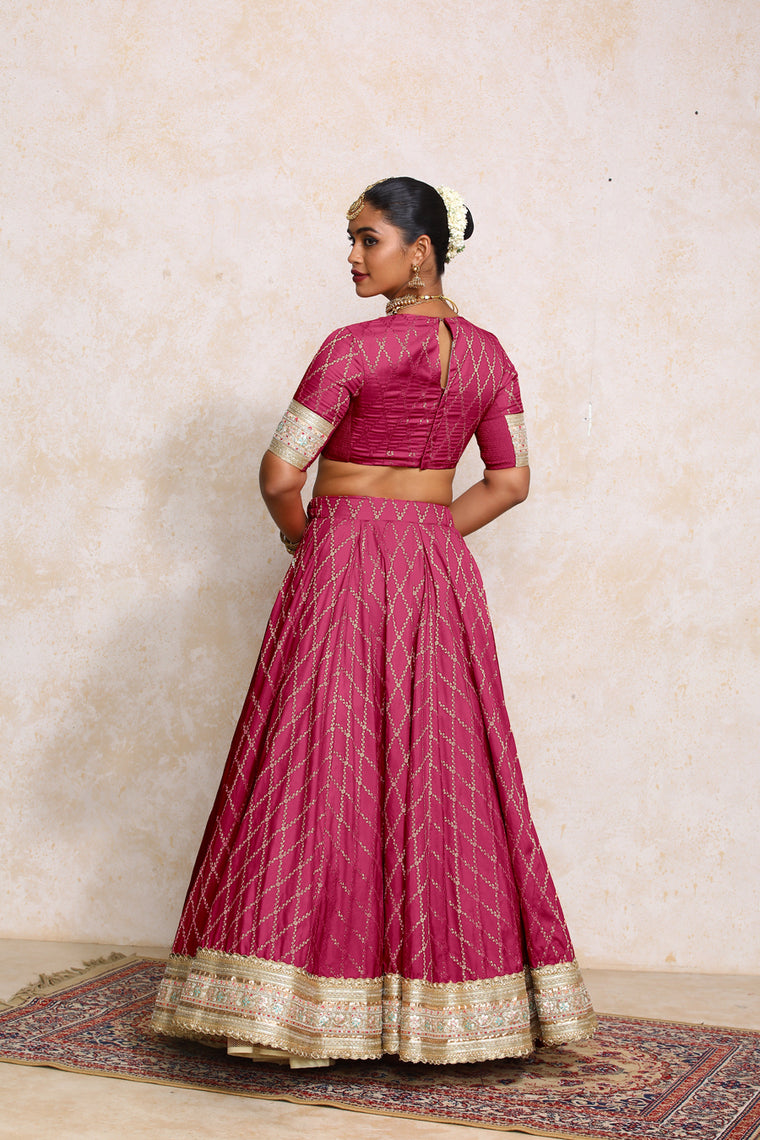 Hoor x Tyohaar Lehenga Set, in Pink Viscose Silk Brocade, featuring elbow sleeves and jewel neckline (view 2).