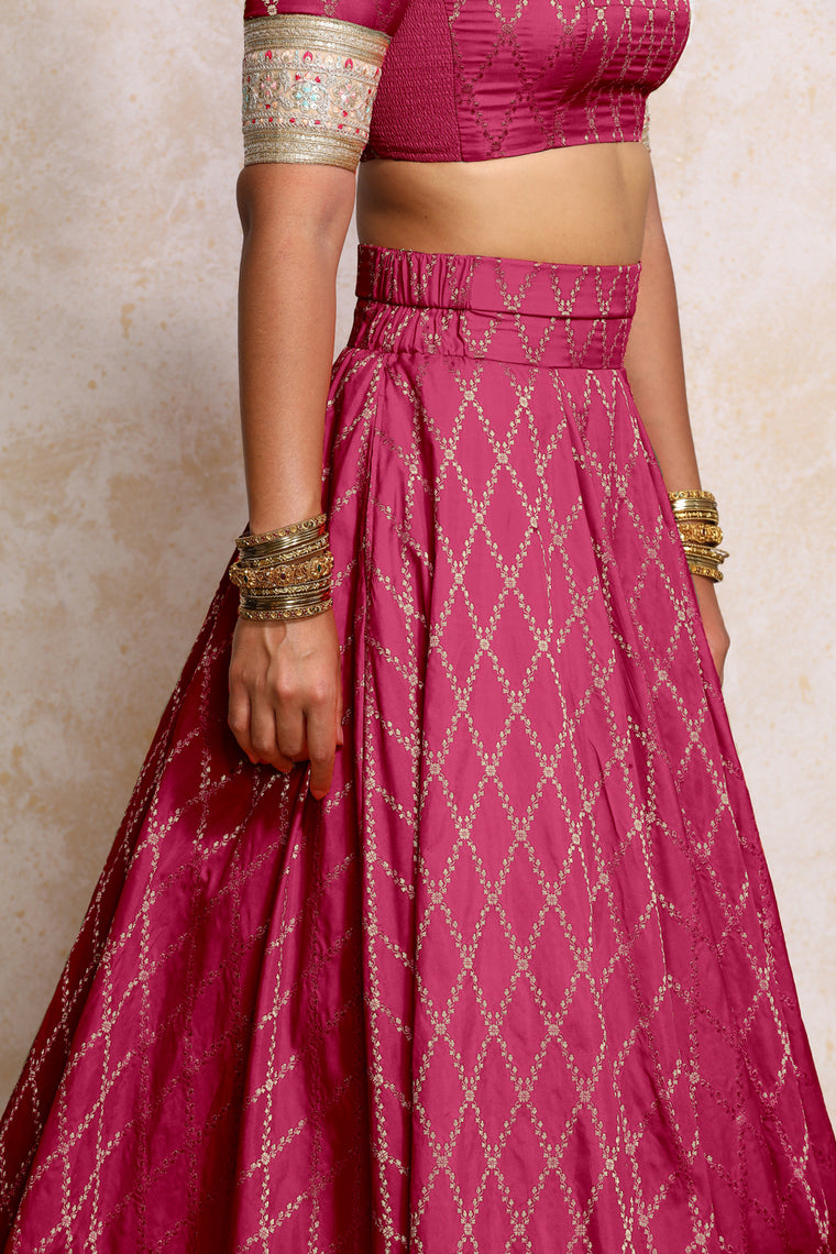 Hoor x Tyohaar Lehenga Set, in Pink Viscose Silk Brocade, featuring elbow sleeves and jewel neckline (view 3).