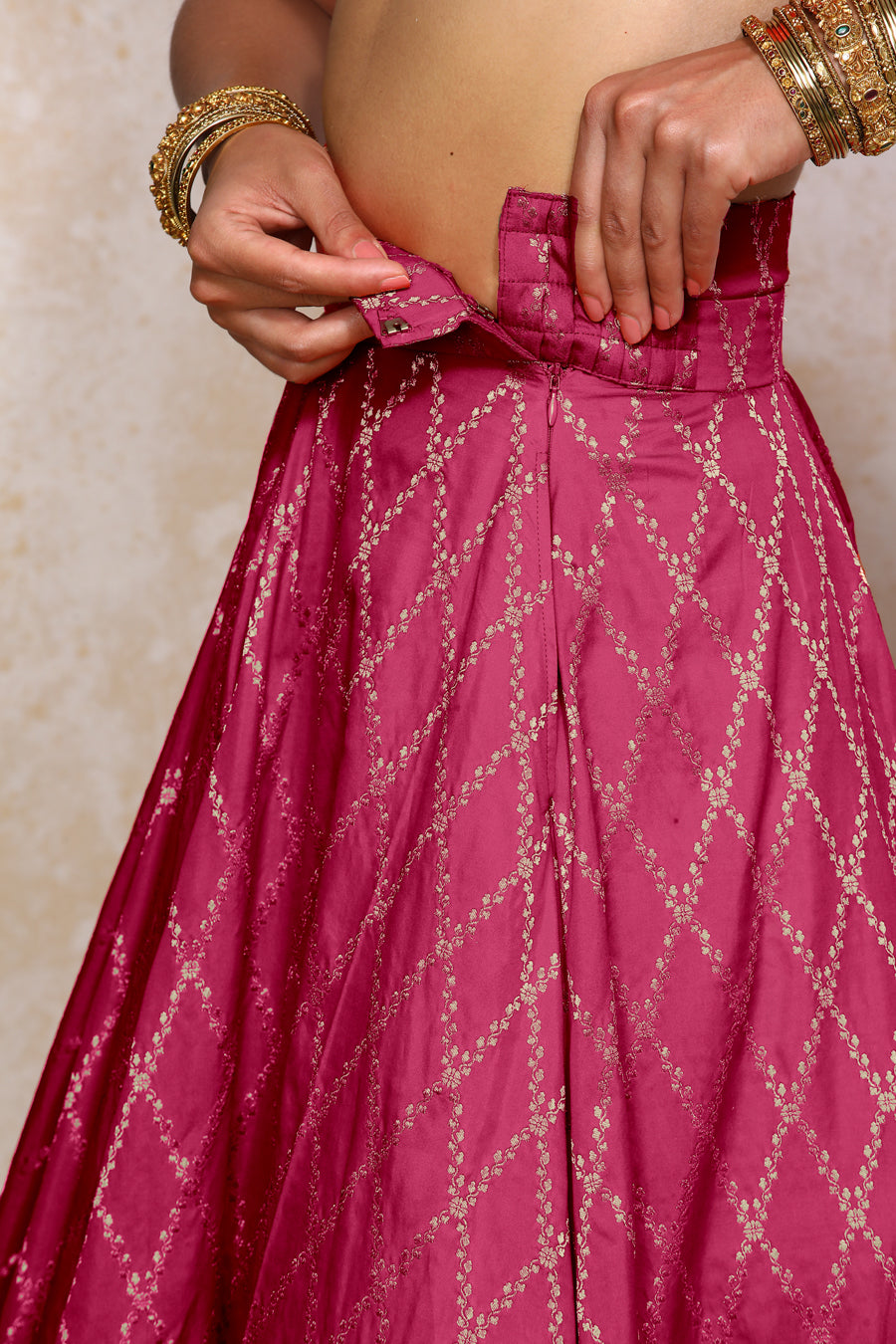 Hoor x Tyohaar Lehenga Set, in Pink Viscose Silk Brocade, featuring elbow sleeves and jewel neckline (view 4).