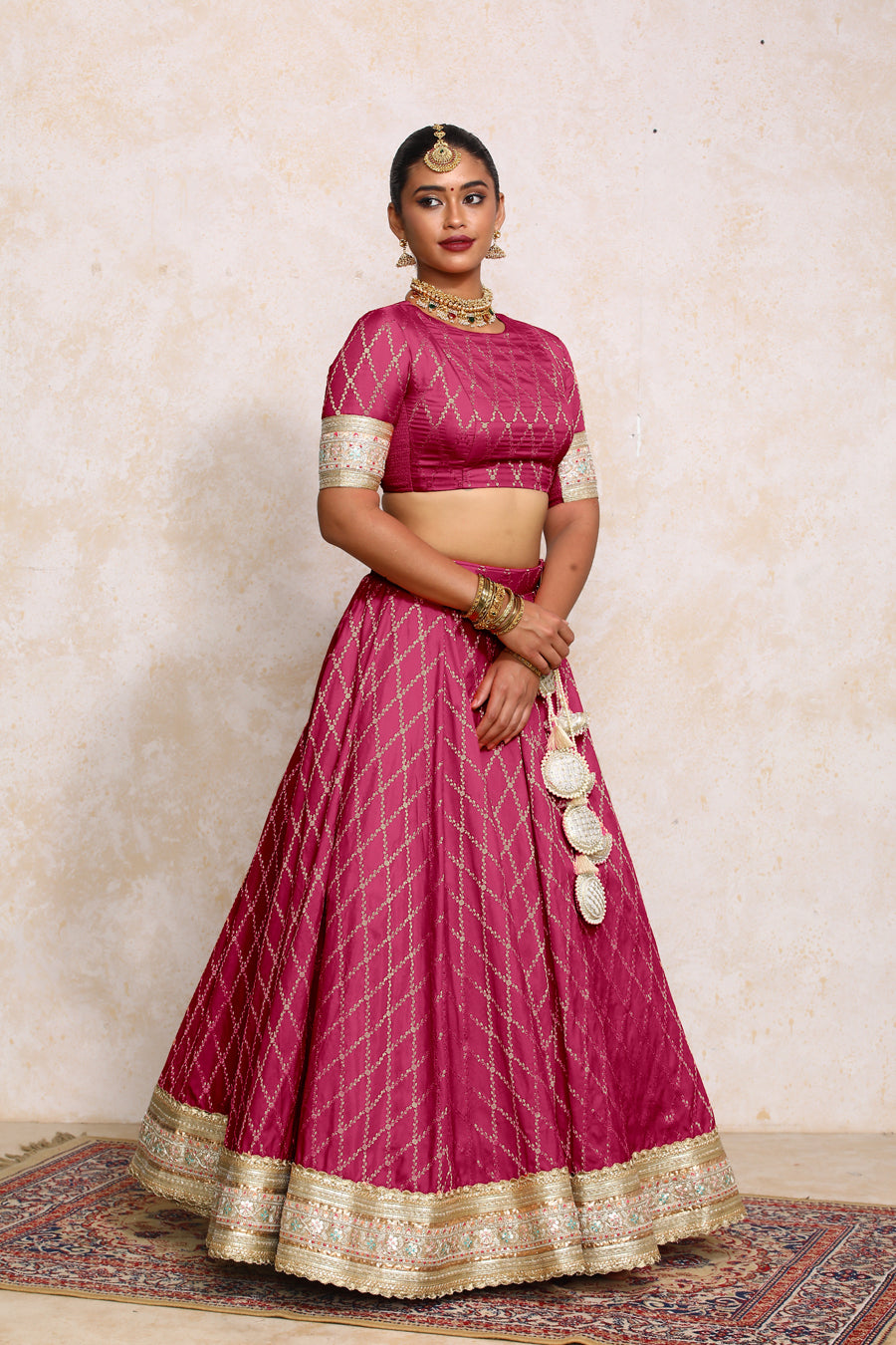 Hoor x Tyohaar Lehenga Set, in Pink Viscose Silk Brocade, featuring elbow sleeves and jewel neckline (view 7).