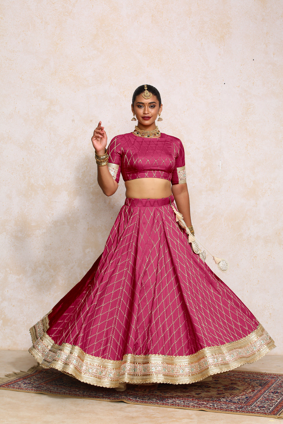 Hoor x Tyohaar Lehenga Set, in Pink Viscose Silk Brocade, featuring elbow sleeves and jewel neckline (view 8).