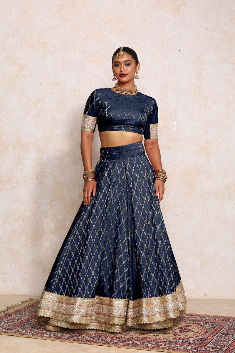 Hoor x Tyohaar | Royal Navy Vine Mesh Brocade FlareFit™ Lehenga Set with Dupatta-Binks