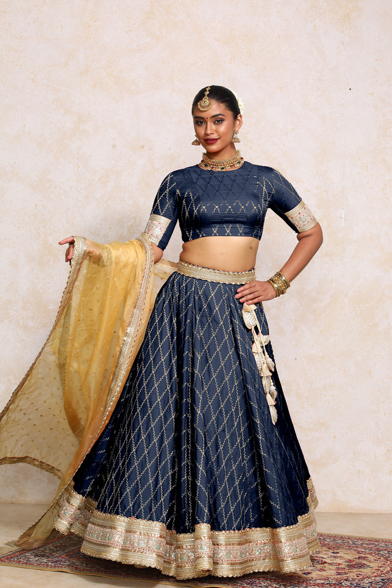 Hoor x Tyohaar | Royal Navy Vine Mesh Brocade FlareFit™ Lehenga Set with Dupatta-Binks