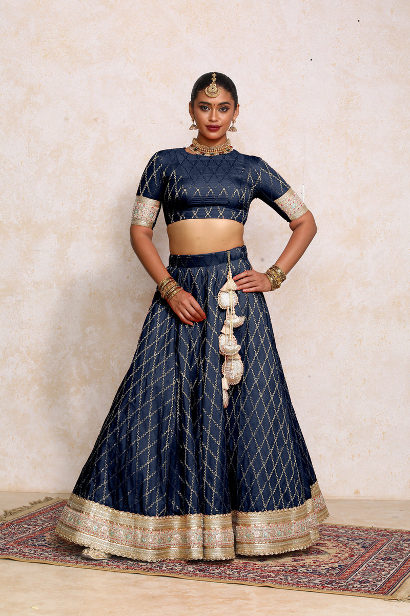 Hoor x Tyohaar | Royal Navy Vine Mesh Brocade FlareFit™ Lehenga Set with Dupatta-Binks