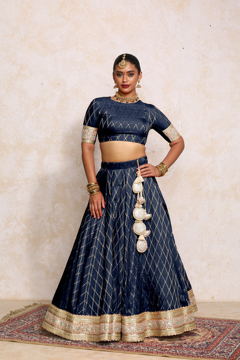 Hoor x Tyohaar | Royal Navy Vine Mesh Brocade FlareFit™ Lehenga Set with Dupatta-Binks