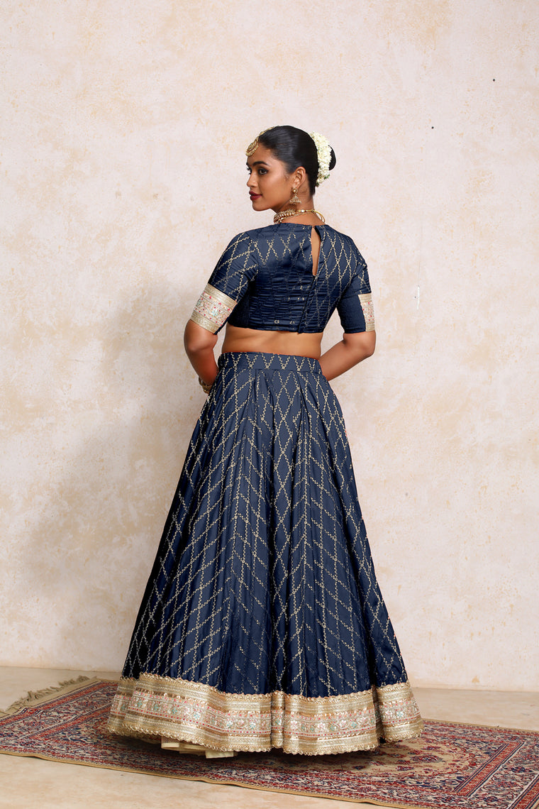 Hoor x Tyohaar Lehenga Set, in Blue Viscose Silk Brocade, featuring elbow sleeves and jewel neckline (view 2).