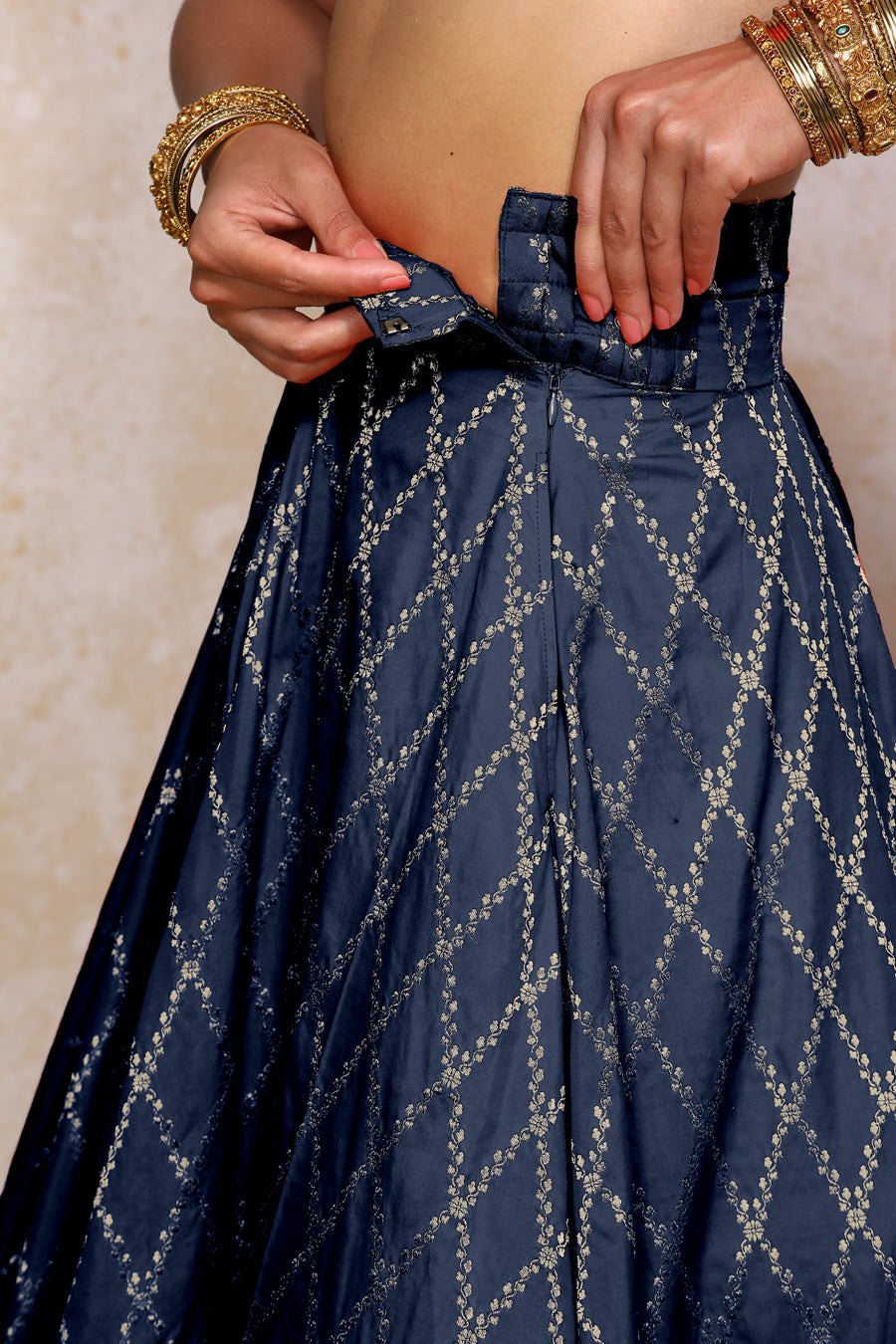 Hoor x Tyohaar Lehenga Set, in Blue Viscose Silk Brocade, featuring elbow sleeves and jewel neckline (view 4).