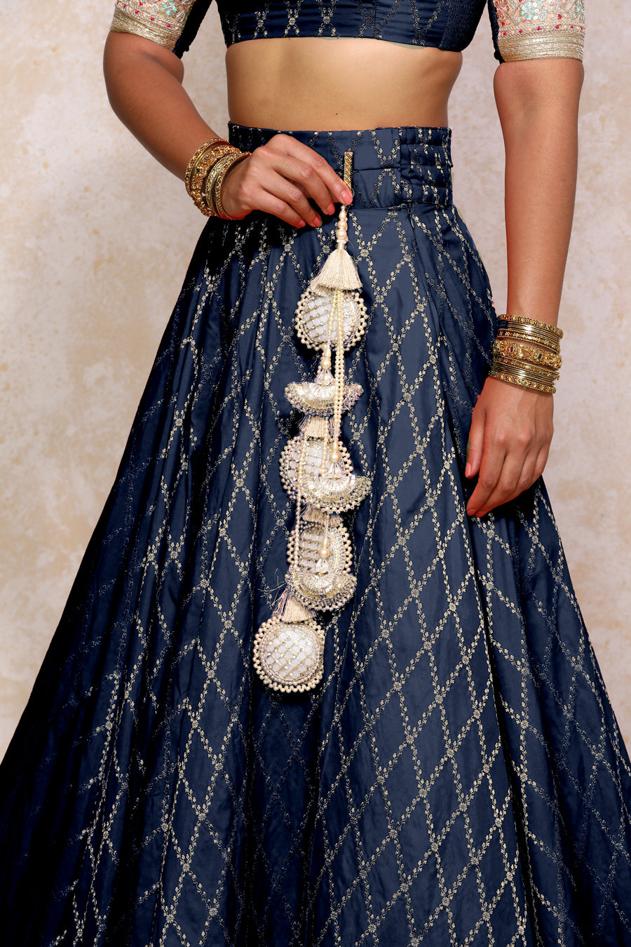 Hoor x Tyohaar Lehenga Set, in Blue Viscose Silk Brocade, featuring elbow sleeves and jewel neckline (view 6).