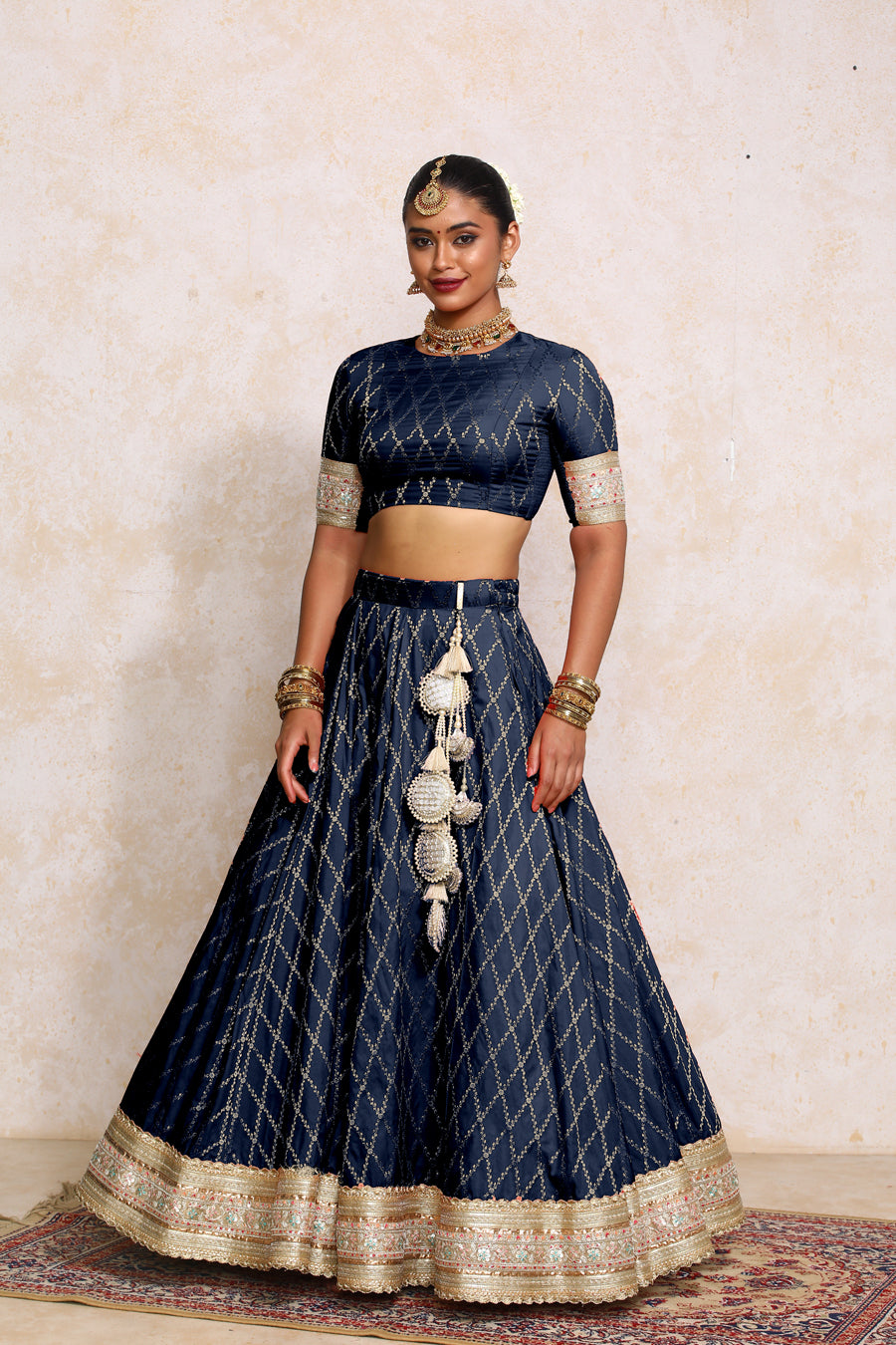 Hoor x Tyohaar Lehenga Set, in Blue Viscose Silk Brocade, featuring elbow sleeves and jewel neckline (view 7).