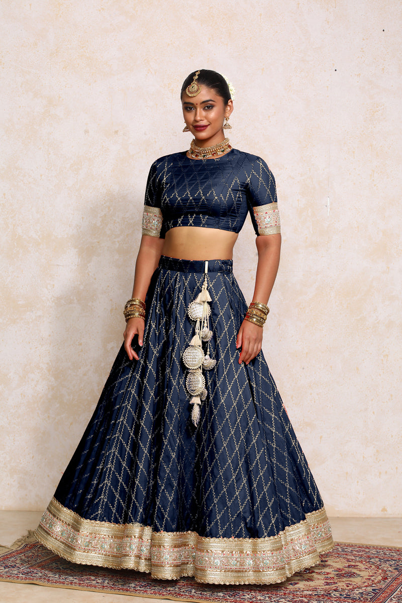 Hoor x Tyohaar | Royal Navy Vine Mesh Brocade FlareFit™ Lehenga Set with Dupatta-Binks