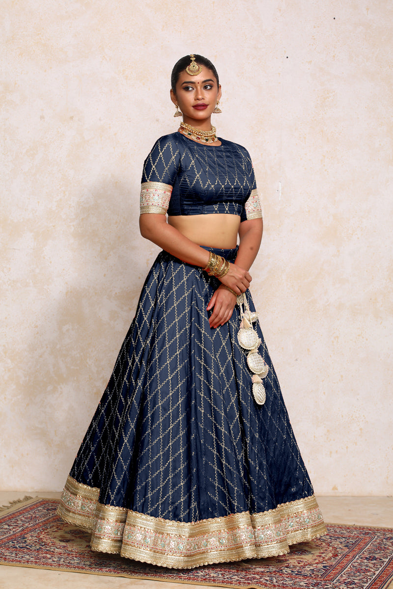 Hoor x Tyohaar | Royal Navy Vine Mesh Brocade FlareFit™ Lehenga Set with Dupatta-Binks
