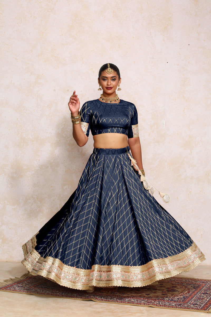 Hoor x Tyohaar | Royal Navy Vine Mesh Brocade FlareFit™ Lehenga Set with Dupatta-Binks