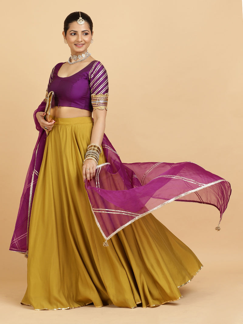 Jhalak Anisha 4-Pc Lehenga Set x Tyohaar | Mustard Lehenga, Purple Blouse with Falak Purple Dupatta and Cancan Skirt-Binks