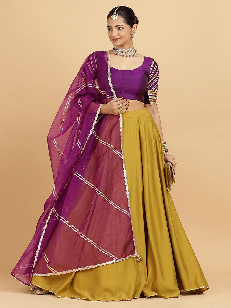 Jhalak Anisha 4-Pc Lehenga Set x Tyohaar | Mustard Lehenga, Purple Blouse with Falak Purple Dupatta and Cancan Skirt-Binks