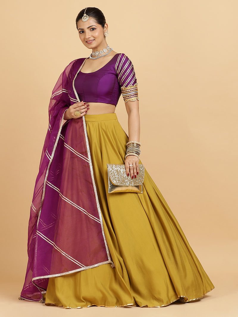Jhalak Anisha 4-Pc Lehenga Set x Tyohaar | Mustard Lehenga, Purple Blouse with Falak Purple Dupatta and Cancan Skirt-Binks