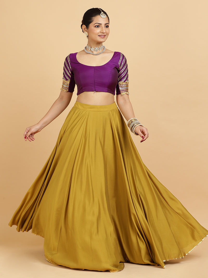 Jhalak Anisha 4-Pc Lehenga Set x Tyohaar | Mustard Lehenga, Purple Blouse with Falak Purple Dupatta and Cancan Skirt-Binks