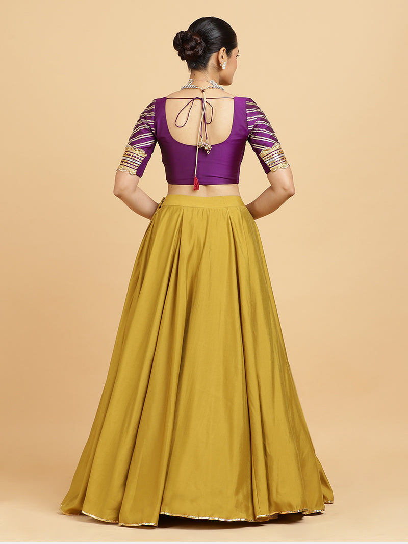 Jhalak Anisha 4-Pc Lehenga Set x Tyohaar | Mustard Lehenga, Purple Blouse with Falak Purple Dupatta and Cancan Skirt-Binks