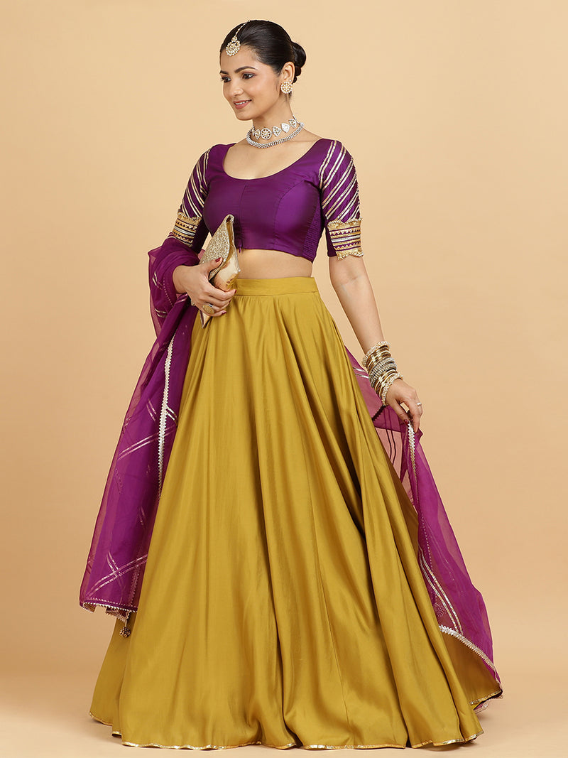 Jhalak Anisha 4-Pc Lehenga Set x Tyohaar | Mustard Lehenga, Purple Blouse with Falak Purple Dupatta and Cancan Skirt-Binks