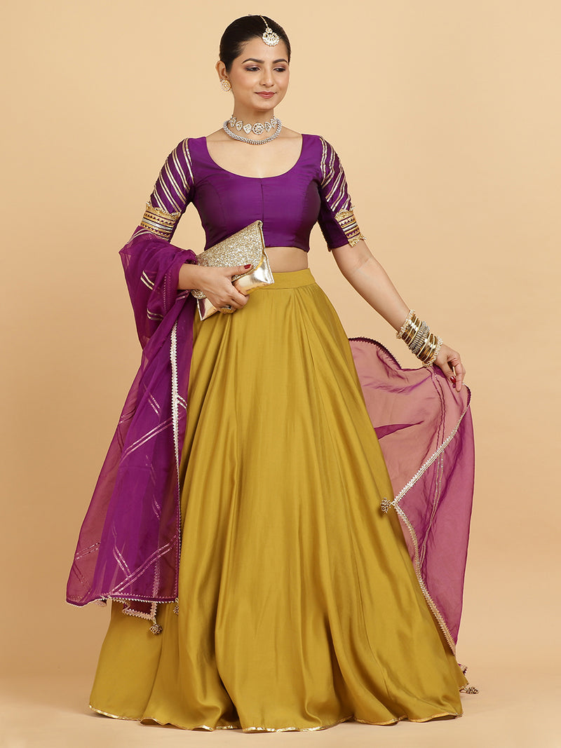 Jhalak Anisha 4-Pc Lehenga Set x Tyohaar | Mustard Lehenga, Purple Blouse with Falak Purple Dupatta and Cancan Skirt-Binks