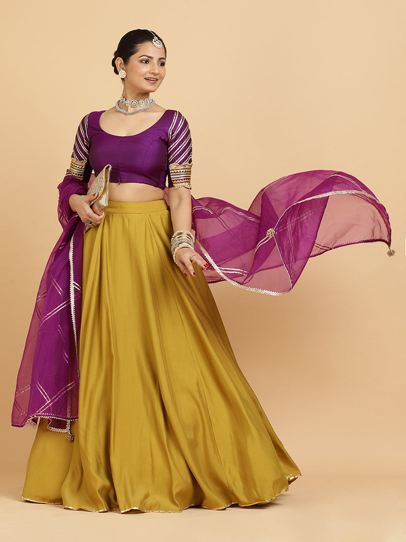 Jhalak Anisha 4-Pc Lehenga Set x Tyohaar | Mustard Lehenga, Purple Blouse with Falak Purple Dupatta and Cancan Skirt-Binks