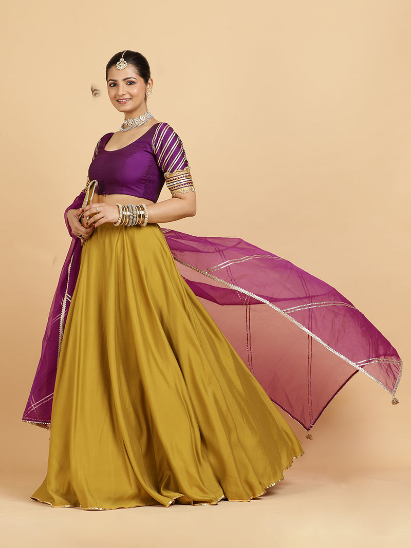 Jhalak Anisha 4-Pc Lehenga Set x Tyohaar | Mustard Lehenga, Purple Blouse with Falak Purple Dupatta and Cancan Skirt-Binks