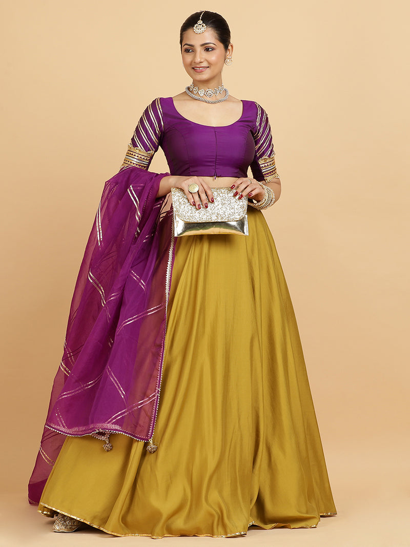 Jhalak Anisha 4-Pc Lehenga Set x Tyohaar | Mustard Lehenga, Purple Blouse with Falak Purple Dupatta and Cancan Skirt-Binks