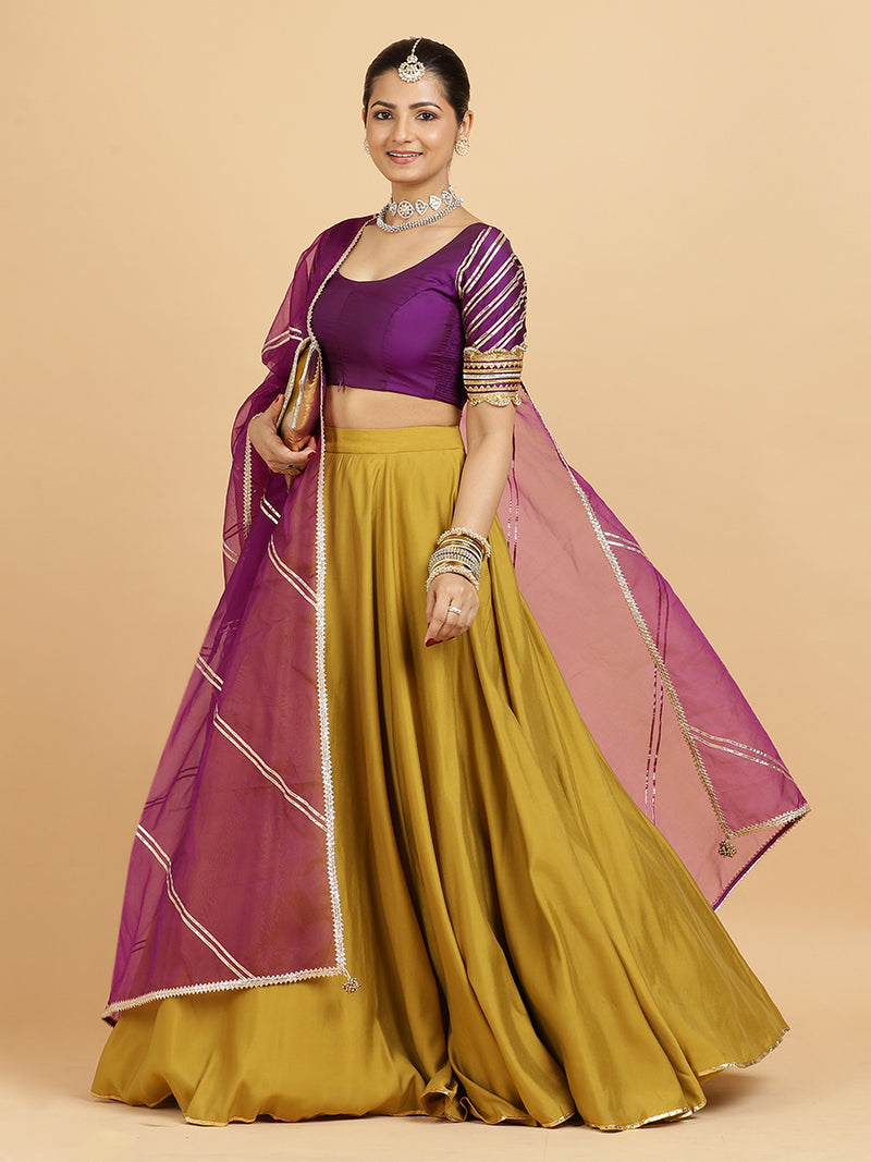 Jhalak Anisha 4-Pc Lehenga Set x Tyohaar | Mustard Lehenga, Purple Blouse with Falak Purple Dupatta and Cancan Skirt-Binks