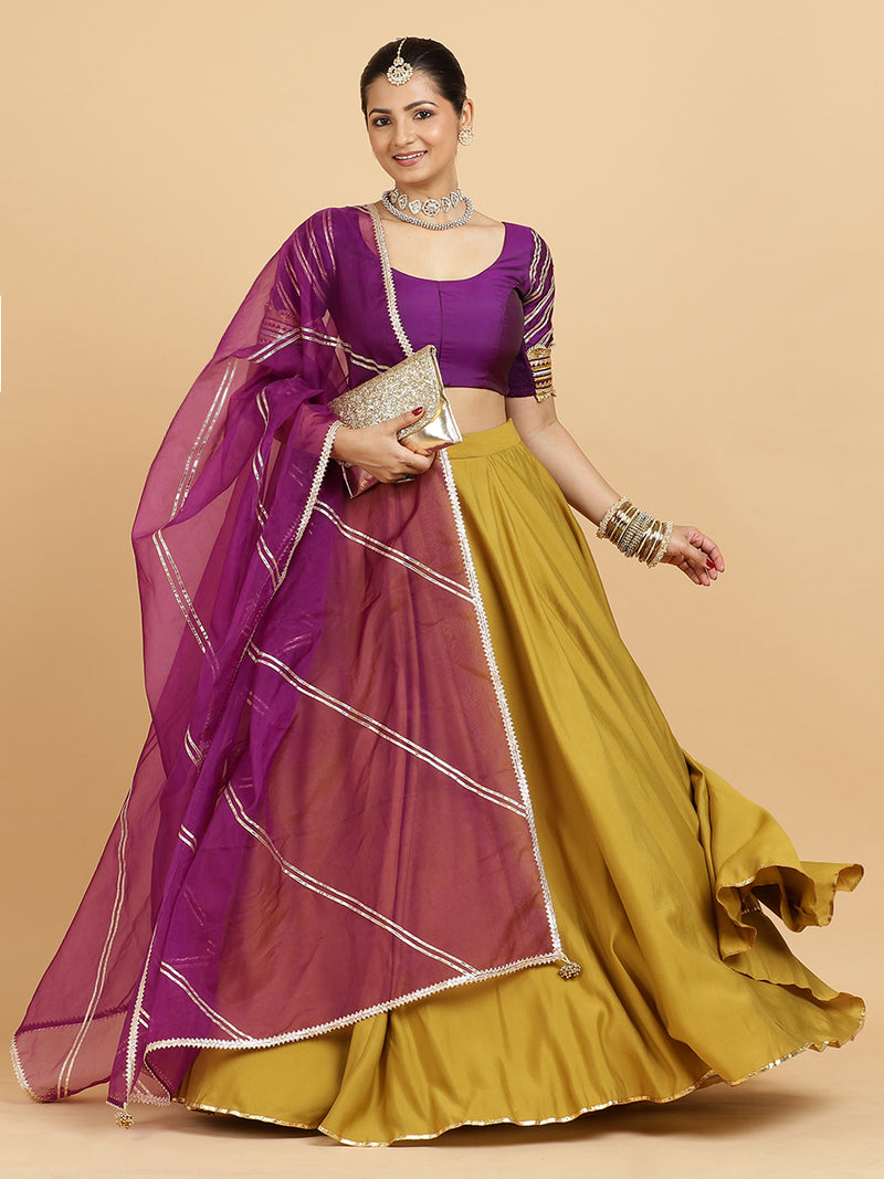Jhalak Anisha 4-Pc Lehenga Set x Tyohaar | Mustard Lehenga, Purple Blouse with Falak Purple Dupatta and Cancan Skirt-Binks