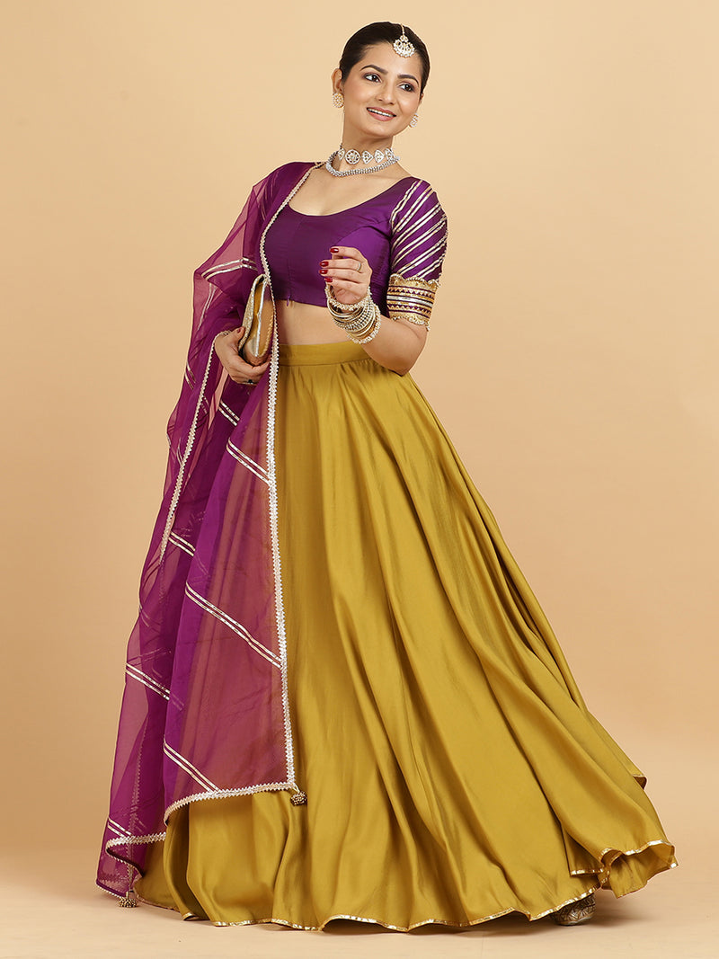 Jhalak Anisha 4-Pc Lehenga Set x Tyohaar | Mustard Lehenga, Purple Blouse with Falak Purple Dupatta and Cancan Skirt-Binks